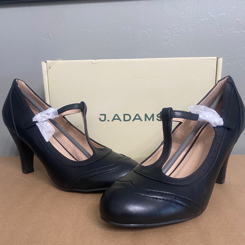 J. Adams Tango Black T-Strap Wingtip Brogue Pumps Heels 3032-FLA Size 7.5 - Picture 1 of 6